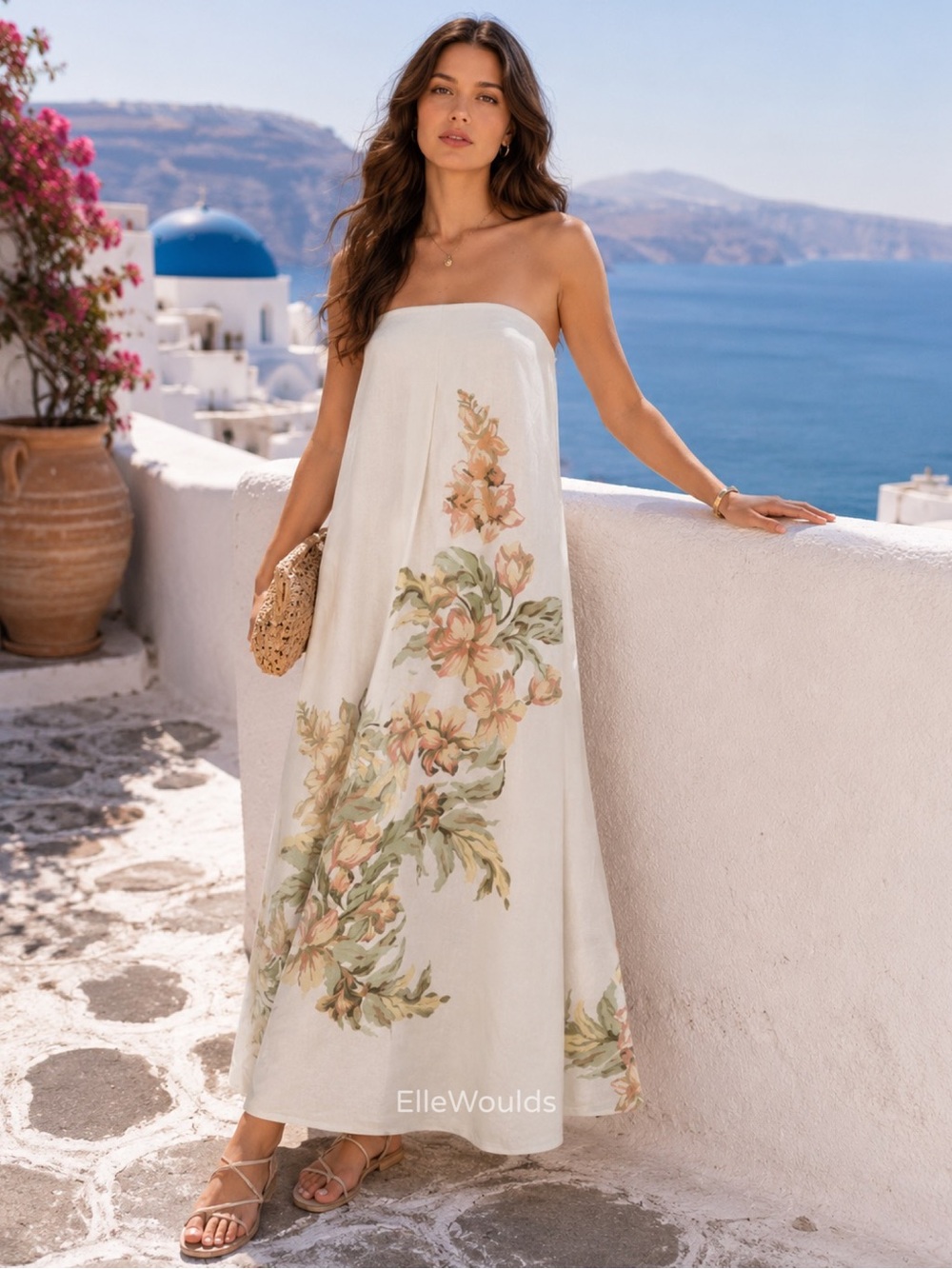 Significant Other Parisa Dress Strapless Linen Maxi Peach Floral Print US Size 4